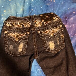 Miss Me Skinny Jeans - Dark Blue with Silver and Brown Embroidery